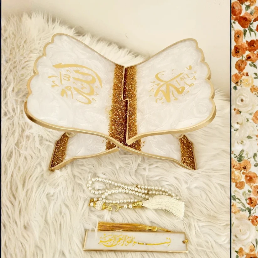Resin art Islamic Quran holder stand with Personalised White and Gold Quran Karim stand with matching bookmark and Iqra tasbeeh